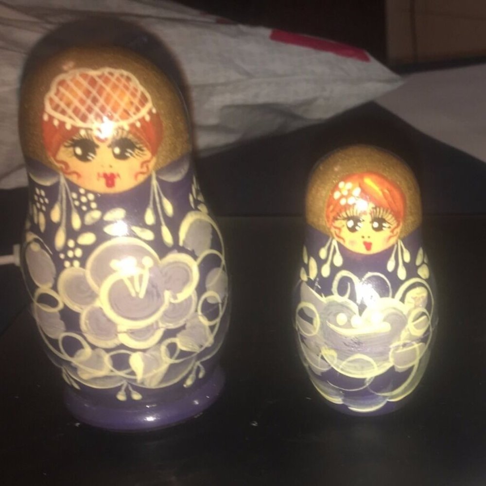 Vintage Blue Russian Nesting Dolls, 5 Piece, Hand-Painted, Mockba 1995